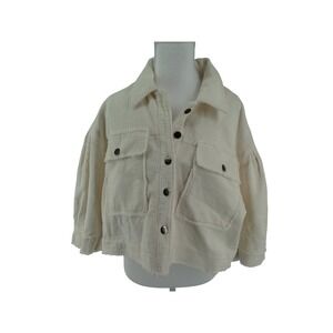 POL Cream Corduroy Cropped Shacket Jacket Size L Distressed Frayed Hem